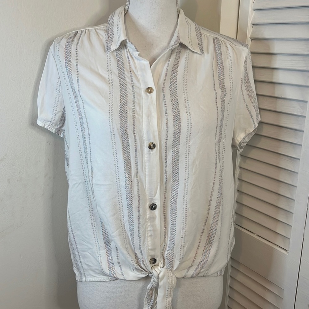 INSPIRED Hearts Pastel Striped Collared Button Down Blouse.  Size XL
